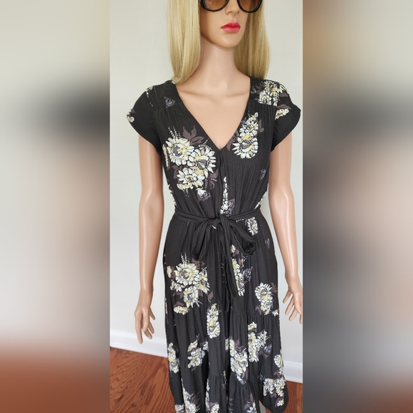 FREE PEOPLE RUFFLE FRILL BELTED FLORAL CAP SLEEVES BUTTONS MIDI DRESS SZ.4 - Picture 6 of 15